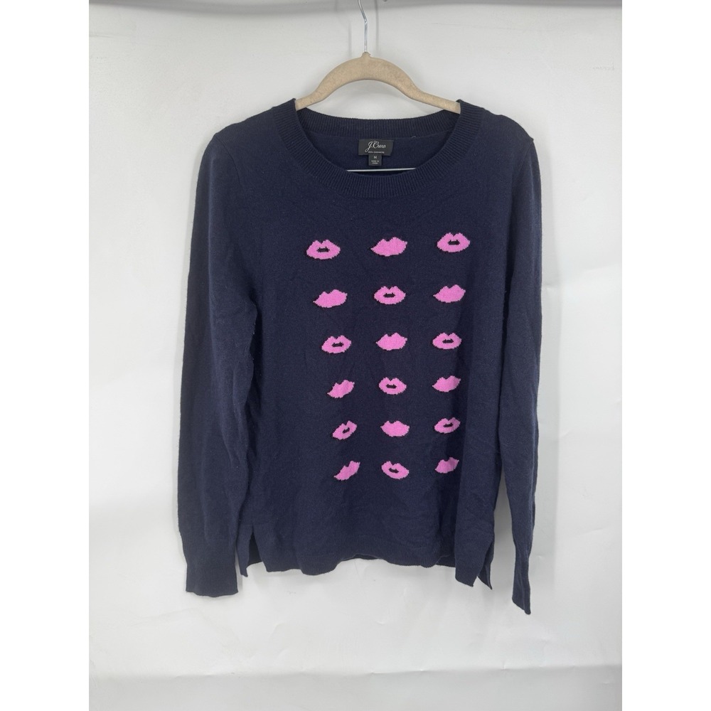 J. Crew 100% Cashmere Lip Novelty Print Sweater Women M Navy Coquette Crew Neck